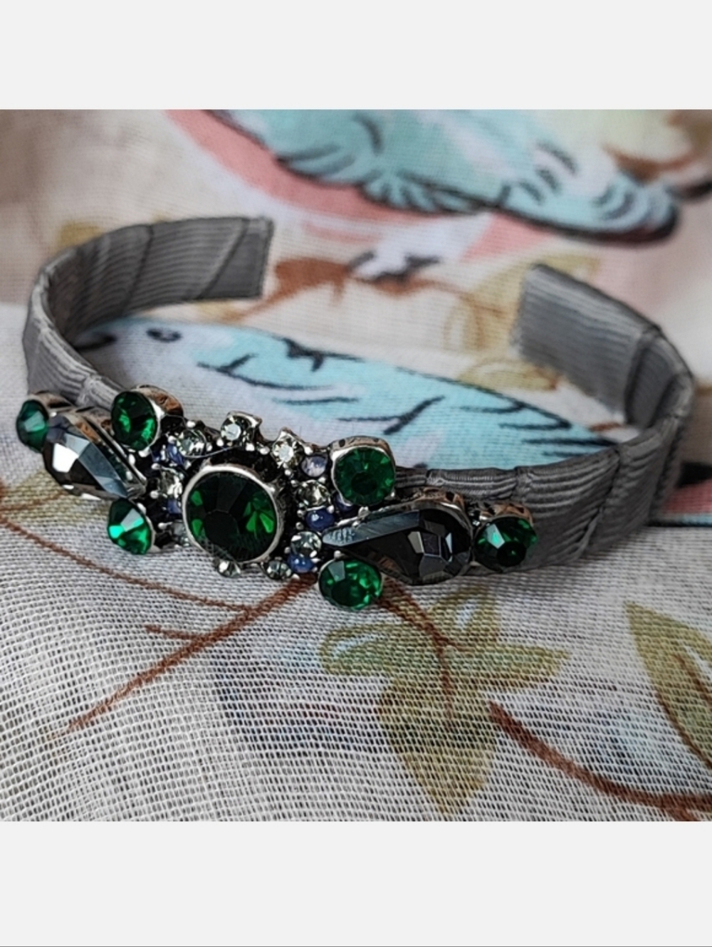 Emerald Gray Grey Grosgrain Ribbon Covered Rhinestone Formal Cuff Bracelet New